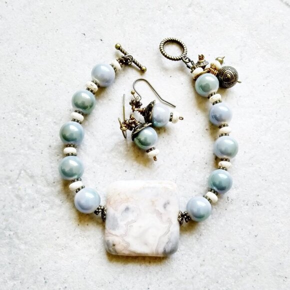 Crazy Lace Agate! Bracelet & Earring Set ~ Smokey Blue/Grey, Cream & Tangerine - Picture 2 of 11